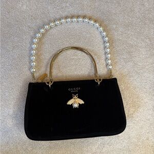 Gucci Black Velvet Clutch with Pearl and Gold Accents
